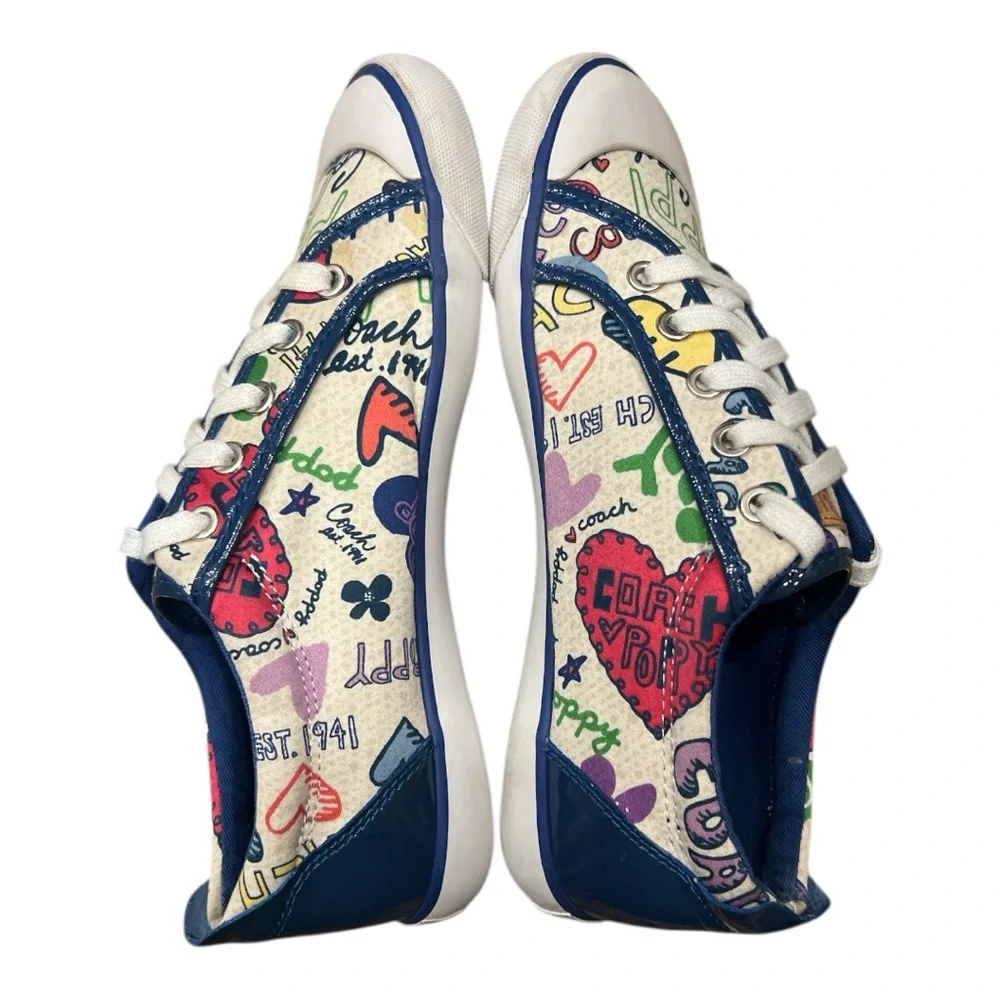 Coach Barrett Poppy Floral canvas sneakers with a blue and white graffiti SZ 8.5